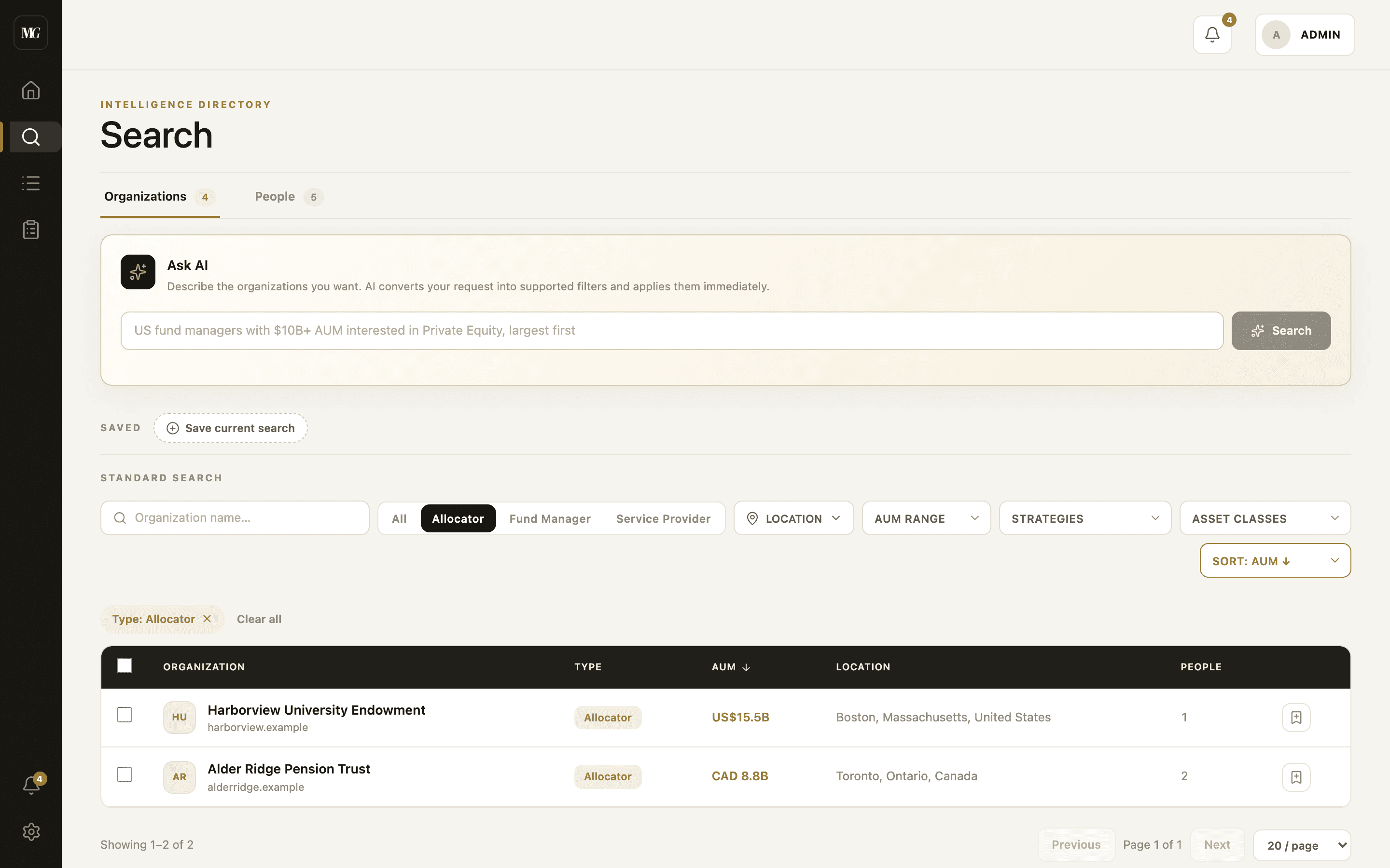 Filtered allocator search results