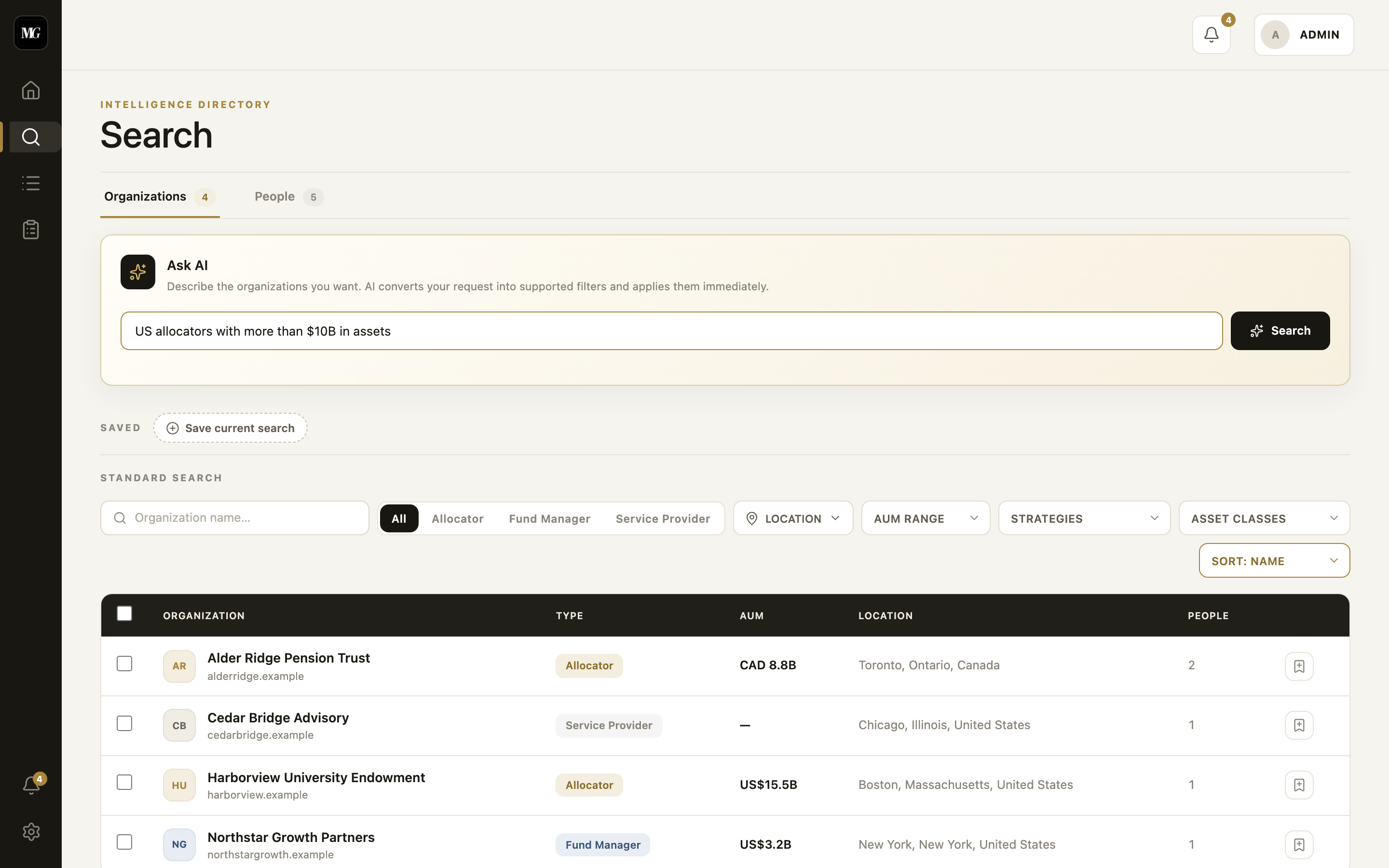 Actual AllocIntel search page showing Ask AI, precise filters, and matching organizations