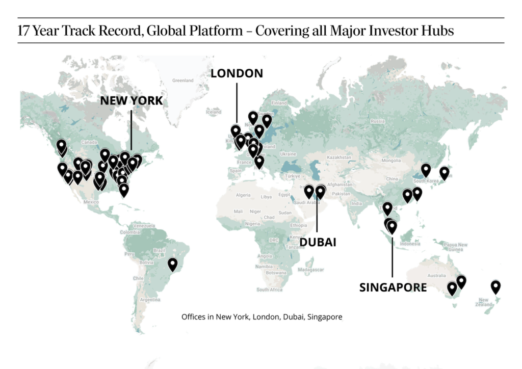 World map showing Markets Group offices in New York, London, Dubai, and Singapore alongside event locations across North America, South America, Europe, the Middle East, Asia, and Australia